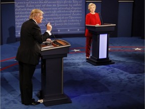 Republican presidential nominee Donald Trump gestures during the presidential debate with Democratic presidential nominee Hillary Clinton at Hofstra University in Hempstead, N.Y., Monday, Sept. 26, 2016.