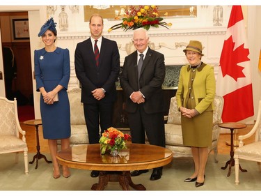 Catherine, Duchess of Cambridge, Prince William, Duke of Cambridge with David Johnston, Governor General of Canada and his wife Sharon Johnston at Governement House on September 24, 2016 in Victoria, Canada. Prince William, Duke of Cambridge, Catherine, Duchess of Cambridge, Prince George and Princess Charlotte are visiting Canada as part of an eight day visit to the country taking in areas such as Bella Bella, Whitehorse and Kelowna.