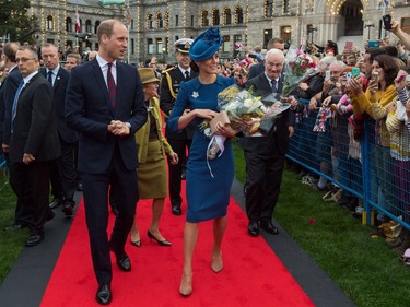 VICTORIA, BC - SEPTEMBER 24:   Prince William, Duke of Cambridge, Catherine, Duchess of Cambridge attend an official welcome ceremony at the Legislative Assembly of British Columbia at Victoria International Airport on September 24, 2016 in Victoria, Canada.