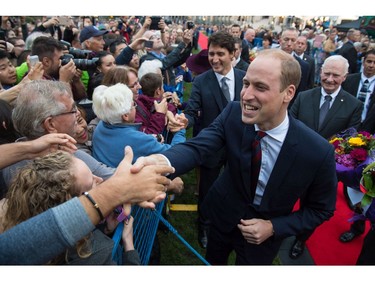 VICTORIA, BC - SEPTEMBER 24:   Prince William, Duke of Cambridge greets the crowd as he attends an official welcome ceremony at the Legislative Assembly of British Columbia at Victoria International Airport on September 24, 2016 in Victoria, Canada.