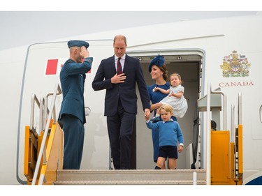 VICTORIA, BC - SEPTEMBER 24:   Prince William, Duke of Cambridge, Catherine, Duchess of Cambridge, Prince George of Cambridge and Princess Charlotte of Cambridge arrive at Victoria International Airport on September 24, 2016 in Victoria, Canada.