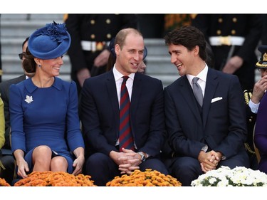 VICTORIA, BC - SEPTEMBER 24:  Catherine, Duchess of Cambridge, Prince William, Duke of Cambridge and Canadian Prime Minister Justin Trudeau attend the Official Welcome Ceremony for the Royal Tour at the British Columbia Legislature on September 24, 2016 in Victoria, Canada. Prince William, Duke of Cambridge, Catherine, Duchess of Cambridge, Prince George and Princess Charlotte are visiting Canada as part of an eight day visit to the country taking in areas such as Bella Bella, Whitehorse and Kelowna.