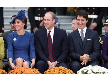 VICTORIA, BC - SEPTEMBER 24:  Catherine, Duchess of Cambridge, Prince William, Duke of Cambridge and Canadian Prime Minister Justin Trudeau attend the Official Welcome Ceremony for the Royal Tour at the British Columbia Legislature on September 24, 2016 in Victoria, Canada. Prince William, Duke of Cambridge, Catherine, Duchess of Cambridge, Prince George and Princess Charlotte are visiting Canada as part of an eight day visit to the country taking in areas such as Bella Bella, Whitehorse and Kelowna.