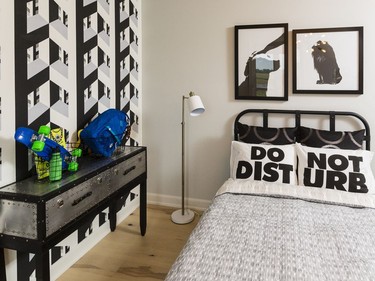 Boy’s room: The boy’s room is the most obvious example of the black-and-white and retro graphic themes found throughout the home.