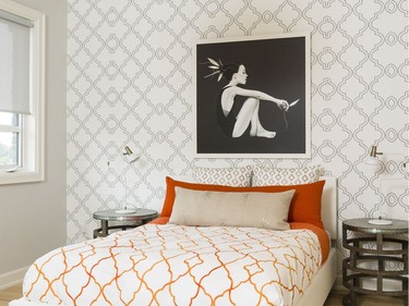 Girl’s room: Although still grounded in black and white, ‘I love that it’s fresh and airy, with that vibrant hit of orange,’ associate designer Tracey Woodman says of the girl’s room.