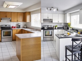 A kitchen reno (before, left, and after) by Leigh-Ann Allaire Perrault for under $800. Includes painting cabinetry, countertops, backsplash. Credit: Rust-Oleum