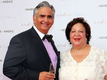 Bill Malhotra, president and founder of Claridge Homes, with his wife, Romina, on Wednesday, September 7, 2016, at the grand opening party of the Andaz luxury boutique hotel in the ByWard Market.