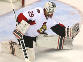 Bryan Pitton of the Ottawa Senators makes a low glove save during their game against the Montreal Canadians at the 2016 Rookie Tournament at Budweiser Gardens in London, Ont. on Sunday September 18, 2016.