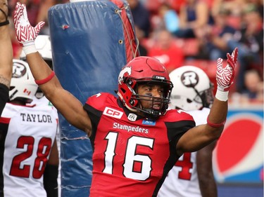 Calgary Stampeders receiver Marquay McDaniel celebrates his touchdown in the first half.