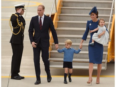 (L-R) Prince William, Duke of Cambridge, Prince George of Cambridge, Catherine, Duchess of Cambridge and Princess Charlotte of Cambridge arrive at 443 Maritime Helicopter Squadron on  September 24, 2016 in, Victoria, British Columbia. The prince and his wife first visited Canada five years ago. This time they will take in the natural beauty of Canada's Pacific coast, heading as far north as the rugged Yukon territory, and will also meet with indigenous people.