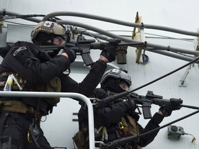 Her Majesty’s Canadian Ship FREDERICTON Enhanced Naval Boarding Party train on board while participating in EX CUTLASS FURY 2016, Sept 15, 2016.


Photo: Cpl Chris Ringius, Formation Imaging Services Halifax
HS01-2016-0912-0876-069