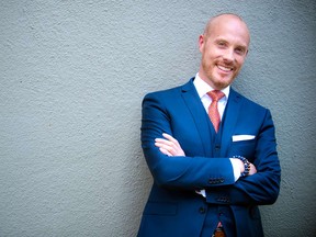 Yannick Beauvalet of L’Hexagone Menswear wearing a Paul Betenly suit, Tommy Hilfiger tie and 11FORTY5 bead bracelets, which he designs and makes.