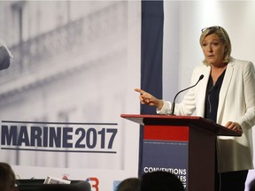 Head of France's Front National party and presidential candidate Marine Le Pen delivers a speech in Paris in September.