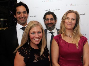 From left, Claridge Homes vice president Shawn Malhotra with his wife Louise and his brother, Neil Malhotra, also a vice president with Claridge, and his wife, Ainsley, at the grand opening party for the new Andaz luxury boutique hotel in the ByWard Market on Wednesday, September 7, 2016.