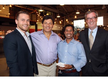 From left, Miran Markovic, special assistant to the mayor, with well-known lawyer Lawrence Greenspon and his good friend, Perry Mody, and Mayor Jim Waston, at a 25th anniversary party hosted by Thyme & Again Creative Catering and Take Home Food Shop at the Horticulture Building at Lansdowne on Friday, September 9, 2016. (Caroline Phillips / Ottawa Citizen)