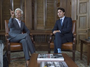 Canadian Prime Minister Justin Trudeau meets managing director of the International Monetary Fund (IMF) Christine Lagarde on Parliament Hill in Ottawa, Tuesday, September 13, 2016.