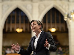 Minister of Status of Women Kellie Leitch rises during question period in the House of Commons in Ottawa on Friday, April 24, 2015.