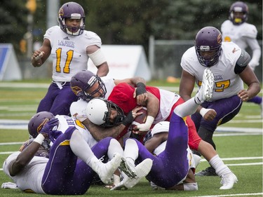 A Raven is brought down by the Laurier Golden Hawks.