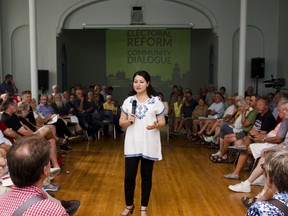 Democratic Institutions Minister Maryam Monsef, seen here at a town hall session in Peterborough, is on a seven-week, cross-country tour gathering input on democratic reform.