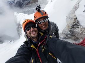 Ottawa filmmaker Elia Saikaly and his friend and climbing partner Pasang Kaji Sherpa in a 'selfie' taken on the side of Hillary Peak, Nepal.