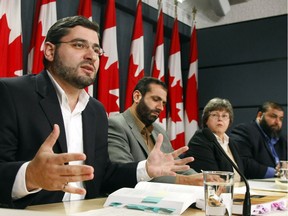 Left to right, Abdullah Almalki, Muayyed Nureddin, lawyer Barbara Jackman and Ahmad El Maati speak during a press conference in Ottawa in 2008.