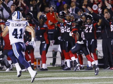 The Ottawa Redblacks' Jamill Smith returns a missed field-goal attempt for a 109-yard touchdown run against the Toronto Argonauts in CFL action at TD Place stadium on Friday, Sept. 23, 2016.