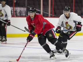 Ottawa Senators forwards Ryan Dzingel (L) and Kyle Turris during practice at the Canadian Tire Centre on Tuesday September 27, 2016.