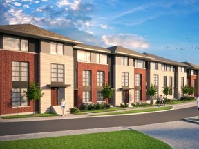 This rendering of Greystone Village by eQ Homes shows four new Riva Collection towns at the builder's landmark development bordering the Rideau River in Old Ottawa East.