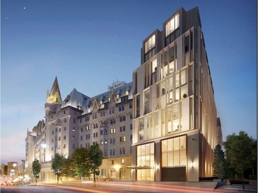 Night view of the proposed addition to the Chateau Laurier's Mackenzie Avenue Forecourt