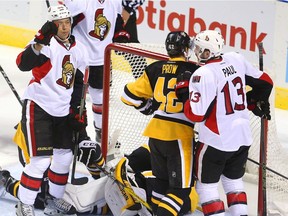 Stephen Harper of the Senators celebrates with Nick Paul after scoring his second goal of the 2016 rookie tournament tucking on Saturday, Sept. 17, 2016 against Pittsburgh.