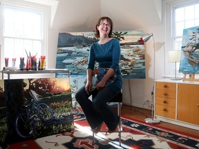 Tara Tosh Kennedy (in her studio) is a local artist who has restored a dilapidated heritage home, filling it with her own original paintings and creatively-presented family treasures.