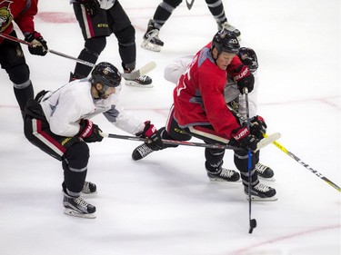 The annual Senators Fanfest took place Sunday September 25, 2016 at the Canadian Tire Centre including an intrasquad game. Chris Neil tries to take a shot during the game Sunday.    Ashley Fraser / Postmedia