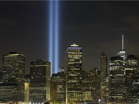 The Tribute in Light rises above the lower Manhattan skyline, Saturday, Sept. 10, 2016, in New York. Sunday marks the fifteenth anniversary of the terrorist attacks of Sept. 11, 2001 on the United States.