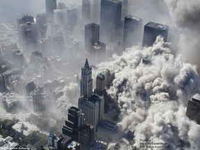 This newly released aerial photograph made on September 11, 2001 by the New York City Police Department and provided on February 10, 2010 by ABC News shows the collapsing World Trade Center in New York following attacks by terrorists who flew two airliners into the towers.