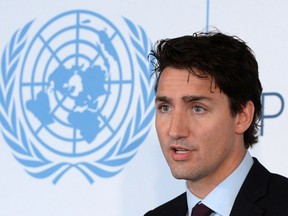 Prime Minister Justin Trudeau speaks at a Global Compact Luncheon at the United Nations headquarters in New York on Monday, Sept. 19, 2016. THE CANADIAN PRESS/Sean Kilpatrick ORG XMIT: SKP107