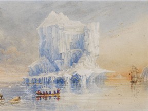 Painting by 19th-century Royal Navy artist and expedition commander George Back showing HMS Terror alongside an iceberg near Baffin Island in July 1836.