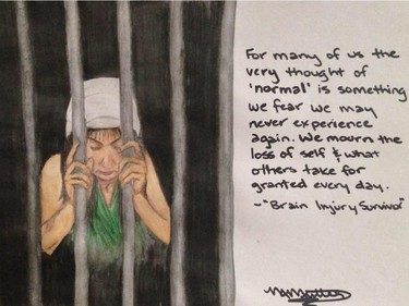 When May Mutter was asked to create a painting showing how her concussion affected her, she did a self-portrait of her behind bars.