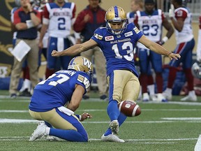 Winnipeg Blue Bombers K Sergio Castillo kicks a field goal against the Montreal Alouettes during CFL action in Winnipeg on Wed., June 8, 2016.
