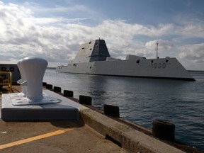 The US Navy ship Zumwalt (DDG 1000) arrives at Naval Station Newport, Rhode Island in early September during its maiden voyage from Bath Iron Works Shipyard in Bath, Maine. US Navy photo