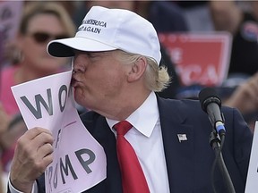 Republican presidential nominee Donald Trump kisses a "Women for Trump" placard during a rally at the Lakeland Linder Regional Airport in Lakeland, Florida on October 12, 2016.