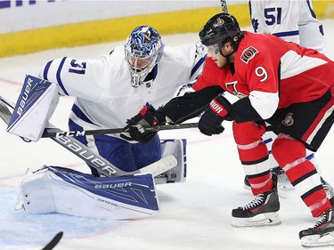 Bobby Ryan scores a goal by chipping the puck past Frederik Andersen in the first period.