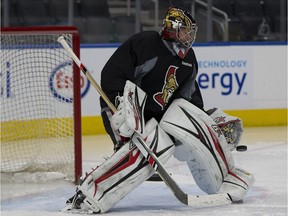 Craig Anderson makes his return to the Senators during practice on Sunday, October 30, 2016 in Edmonton. Anderson, who returned to the team Saturday night after taking a leave to be with his wife Nicholle and his family, will start against the Edmonton Oilers.