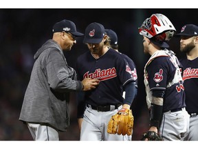 BOSTON, MA - OCTOBER 10:  Josh Tomlin #43 of the Cleveland Indians is relieved by manager Terry Francona in the sixth inning against the Boston Red Sox during game three of the American League Divison Series at Fenway Park on October 10, 2016 in Boston, Massachusetts.