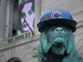 A lion sculpture outside the Art Institute of Chicago wears a batting helmet to help the city celebrate the Chicago Cubs making it into the World Series on October 24, 2016 in Chicago, Illinois.