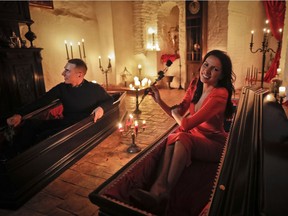Tami Varma and her brother Robin, prepare to bed down for the night in a coffin in Bran Castle, Romania on Halloween night.
