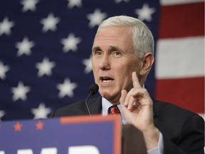 Republican vice presidential candidate, Indiana Gov. Mike Pence speaks in Fort Wayne, Ind. Sept. 30.