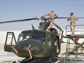 Canadian Armed Forces personnel from the Tactical Aviation Detachment assemble and conduct start up checks on a CH-146 Griffon helicopter in Erbil, Iraq during Operation IMPACT on October 5, 2016.

Photo: Op Impact, DND 
KW05-2016-0168-009
