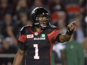 Ottawa Redblacks quarterback Henry Burris (1) makes a call during second half CFL action against the Saskatchewan Roughriders on Friday, Oct. 7, 2016 in Ottawa.