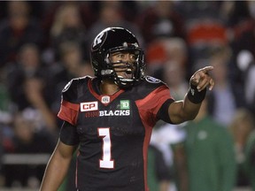 Ottawa Redblacks quarterback Henry Burris makes a call during second-half CFL action against the Saskatchewan Roughriders last Friday in Ottawa.