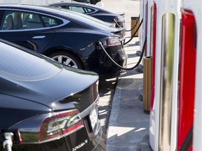 In this June 4, 2016 file photo, electric Tesla cars parked at a supercharger facility in Sarpsborg, Norway. Canadian governments will lose big if everyone switches from our old-fashioned gas guzzlers, writes Randall Denley.